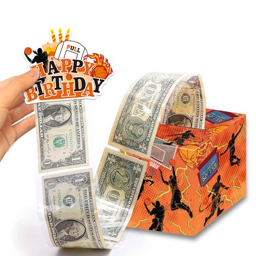 Mpanwen Basketball Birthday Money Gift Box for Cash Gift, DIY Surprise Basketball Themed Money Box with Pull Out Card and 30Pcs Transparent Bags for Kids Boys Girls Birthday Party, Medium