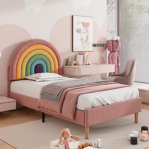 Azkoeesy Letto singolo imbottito 90 x 200 cm, testiera arcobaleno, rivestimento in velluto, rosa