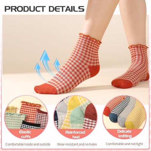 Image of 6 Pairs Women Ruffle Striped Frilly Socks, Cute Checkered Ankle Sock for Women Cotton Knit Casual Crew Socks