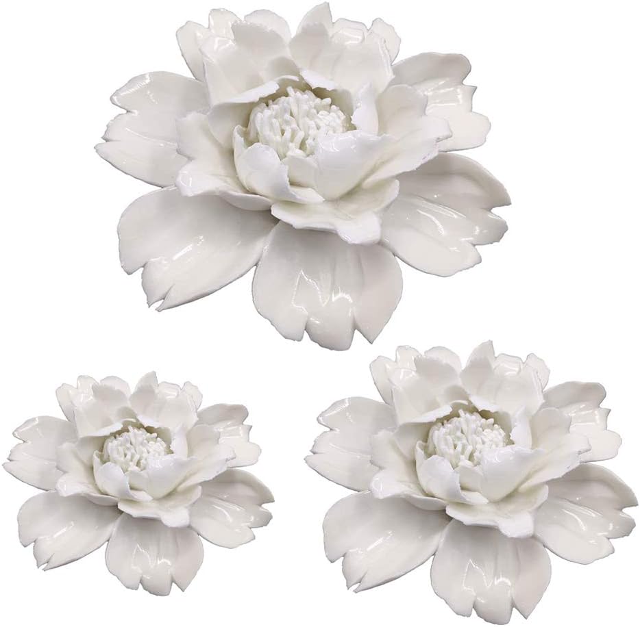 YKLL3 Pack White Peony Handmade 3D Ceramic Flower Wall Décor Pediments Wall Art for Living Room Home Hallway Bedroom Kitchen Farmhouse Bathroom Dining Room, Porcelain Flower Wall Decor