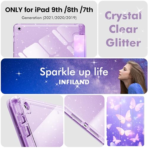 INFILAND for iPad 9th Generation 2021/ iPad 8th Generation 2020/ iPad 7th Generation 2019 Case 10.2 inch, Glitter Cover with Clear Back, Pencil Holder for Kids Girls (Purple Flutter) by INFILAND - Image 7