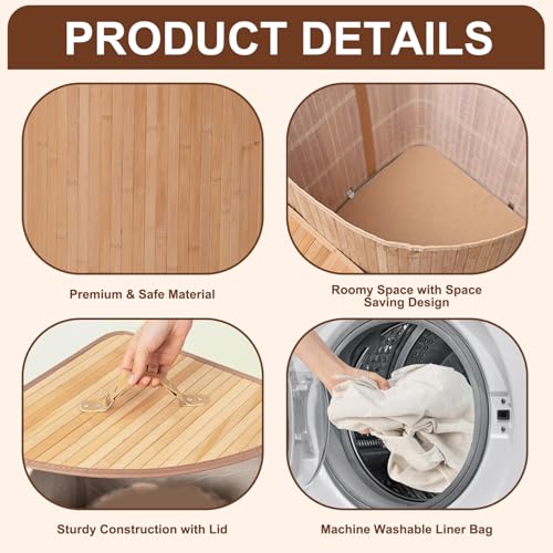 Panier à linge en bambou d'angle 14x14x24 pouces avec couvercle et doublure
