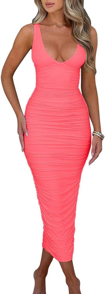 BEAGIMEG Women's Sexy Ruched Sleeveless Deep V Elegant Cocktail Evening Party Maxi Dress