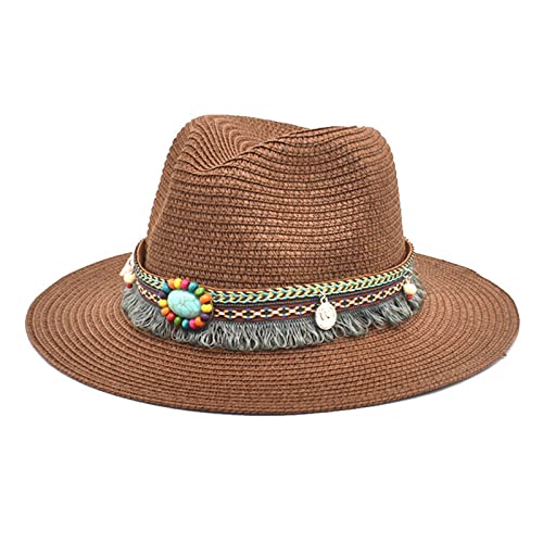 Generisch Sombrero de pescador L Unisex Retro Western Cowboy Sombrero de equitación para adultos, cinturón de cuero, gorra ancha, sombrero de paja sombrero de pescador niño 48, café, talla única