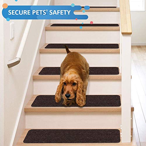 RIOLAND Stair Treads Carpet Non-Slip Indoor Stair Runners for Wooden Steps, Stair Rugs for Kids and Dogs, Set of 15, 8\" X 30\", Brown