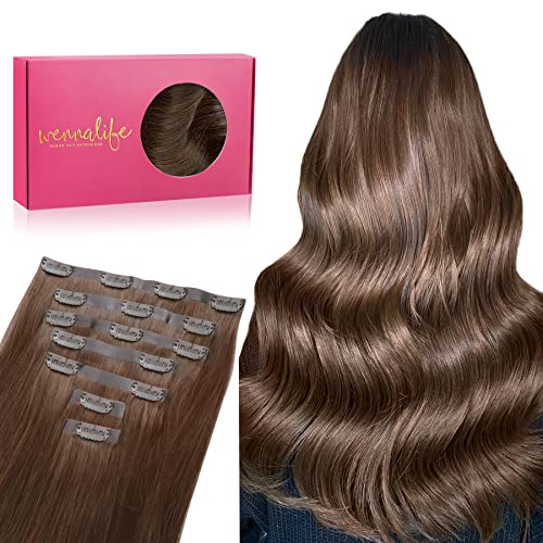WENNALIFE Seamless Clip In Hair Extensions, 20 Inch 150g 7pcs Chocolate Brown Hair Extensions Clip in Human Hair Invisible PU Skin Weft Natural Remy Human Hair Extensions