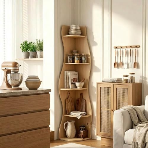 KEIKI 63" Unique Curved Bookshelf, 5-Tier Corner Bookcase w/Shelf, Natural - image 4