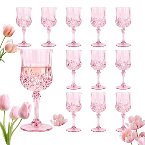 LEYIQU Plastic Wine Glasses Plastic Goblets Vintage Style Cordial Unbreakable Drinking Glasses Reusable Drinkware for Wedding Reception Grand Event Party Supplies (12 Pink)