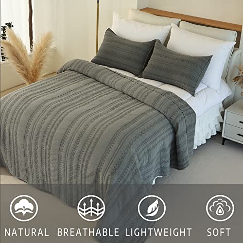 Evenhug Embroidered Striped Queen Quilt Set Solid Grey Lightweight Bedspread Set Breathable Cotton Bed Cover Super Soft Reversible Coverlet Set With Pillow Shams (Gray, King) #TOP4