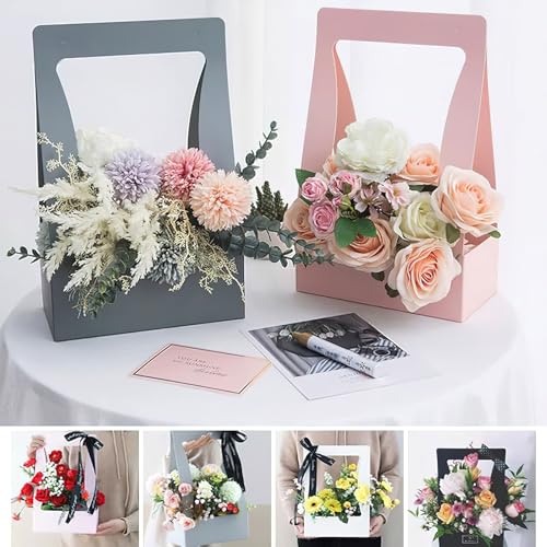 Ylapagne 5 Pieces Paper Flower Gift Bags, Pink Bouquet Flower Box with Handheld DIY Flower Arrangement Basket Flower Packaging Box for Valentine's Wedding Anniversary Party - Image 3