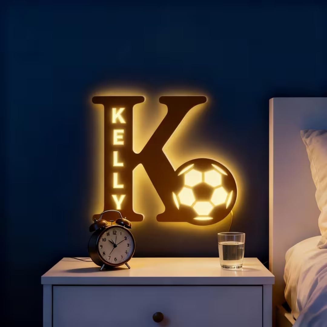 Personalized LED Soccer Night Light with Name Custom Wooden Carved Wall Lamp for Kids Room Bedroom Decor, Unique Sports Themed Gift for Boys Girls
