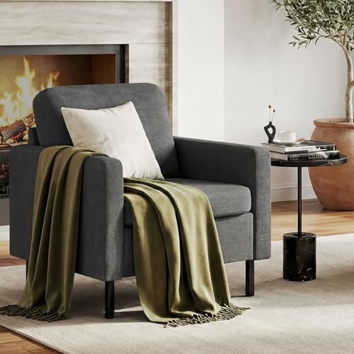 Image of STHOUYN Modern Accent Chairs, Bedroom Chair with Side Pockets, Linen Fabric Living Room Chair, Side Arm Chairs for Apartment, Waiting Room (Dark Grey, 1pc)