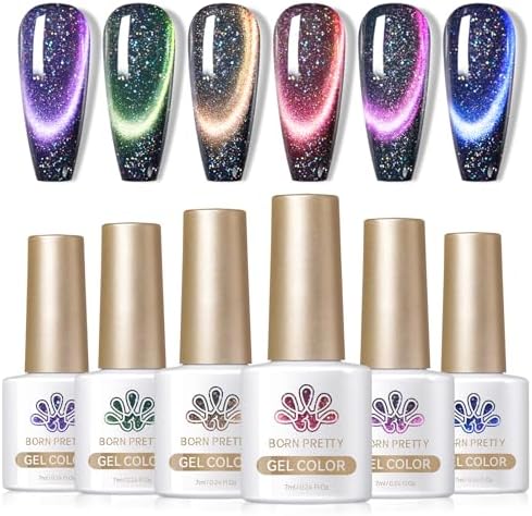 Born Pretty 9D Magnetic Gel Nail Polish Reflective Glitter Gel Polish Holographic Colorful Cat Magnetic Gel Polish Set 7ML 6PCS