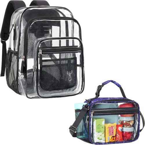 PACKISM 18 Inch Extra Large Clear Backpacks for School Bundle with Reusable Clear Lunch Bag, See Through PVC Transparent Back to School Set, Black (Age 12+)