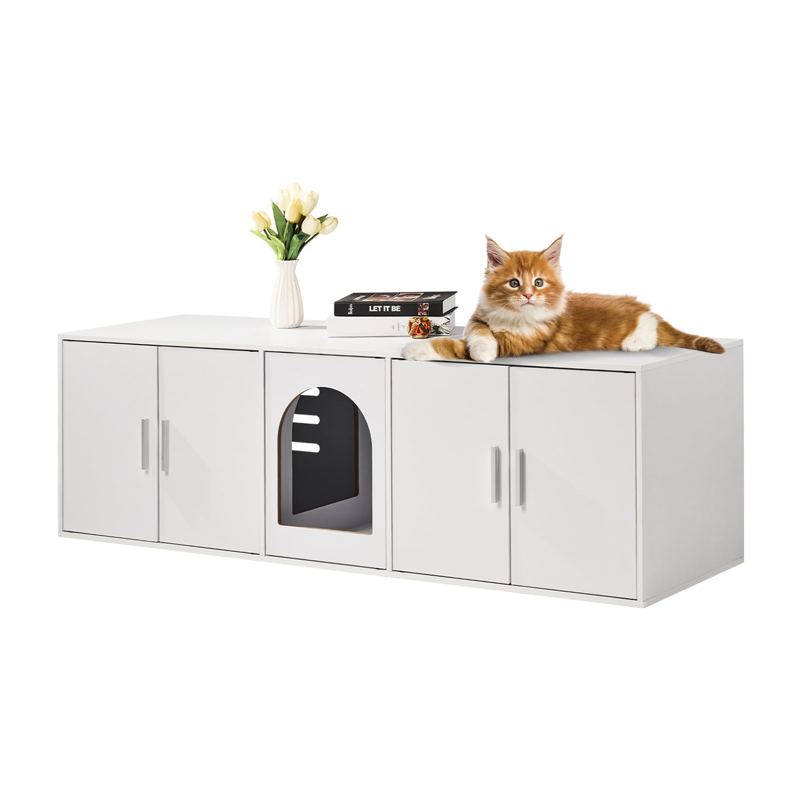 VEVOR Muebles de Baño Oculto para Gatos 1,47 x 0,46 x 0,45 m Casa de Inodoro Con Puertas Decoradas de Ratán Armario de Madera para Ocultar Las Cajas de Arena, Blanco