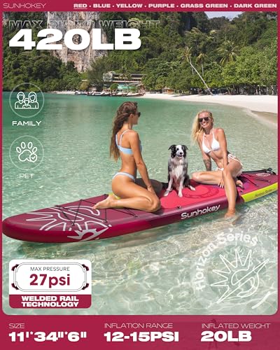 SUNHOKEY 11\'×34\'\' Extra Wide Inflatable Paddle Board with Seam Welded Technology, Stand Up Paddle Board, 420lb Capacity for Adults, Sup Board for All-Level with 2-Blade Paddle/Dual-Action Pump/Leash