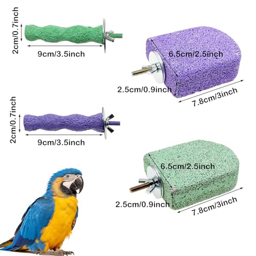 Image of Pet Teeth Grinding Stone and Perch, Bird Perch Stands, Natural Chewing Toys for Small Medium Birds Budgies Conures Cockatiels Rats, Cyan and Purple