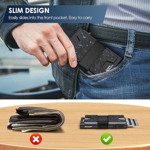 Image of AUTLEY Slim Card Holder, Minimalist Pop Up Wallet for Men, RFID Blocking Mens Wallet with Cash Band (Blue Spot Carbon Fiber)
