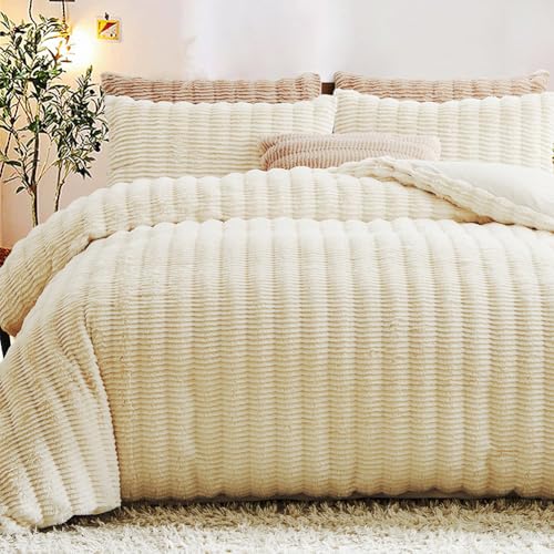 Tospass Plüsch Bettwäsche 200x200 cm Weiß Flauschig Warm Winterbettwäsche Kunstfell Querstreifen Flanell Fleece Cashmere Touch Bettbezug mit...