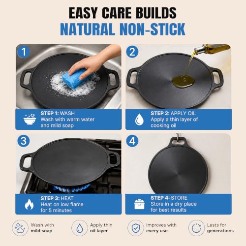 Image of DOCAT Cast Iron Dosa Tawa 30 cm | Pre-Seasoned Iron Tawa for Dosa, Roti, Chapati & Paratha | 8 mm Heavy Duty, Gas, Induction, Electric & OTG Friendly | 100% Pure & Toxin-Free, No Chemical Coating