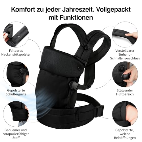 Tuocal Babytrage für Neugeborene bis Kleinkinder, Ergonomische Bequeme und Leichte Tragetuch, Verstellbare Kopf- und Nackenstütze, Verbesserte Lendenwirbelstütze für Babys 4-20 kg 3-36 Monate, Schwarz