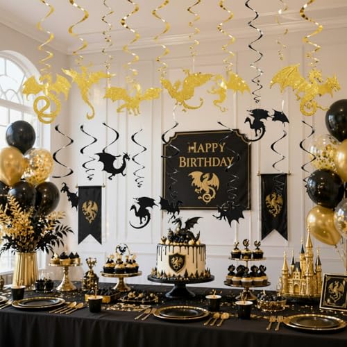 Image of Sumind 30 Pcs Dragon Hanging Swirls Party Decorations, Black and Gold Dragon Ceiling Hanging Decor for Medieval Fantasy Themed Birthday Party Supplies, 10 Designs