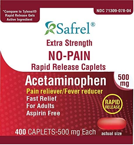 Safrel Acetaminophen Rapid Release Extra Strength Caplets 500 mg, Pain Reliever and Fever Reducer, Red, 400 Count | Made in USA