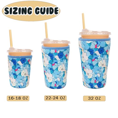 Image of Reusable Insulated Neoprene Iced Coffee Cup Sleeve, Durable Drink Sleeve for Cold Beverages, Beverage Holder for Iced Coffee (Misty Blossom)