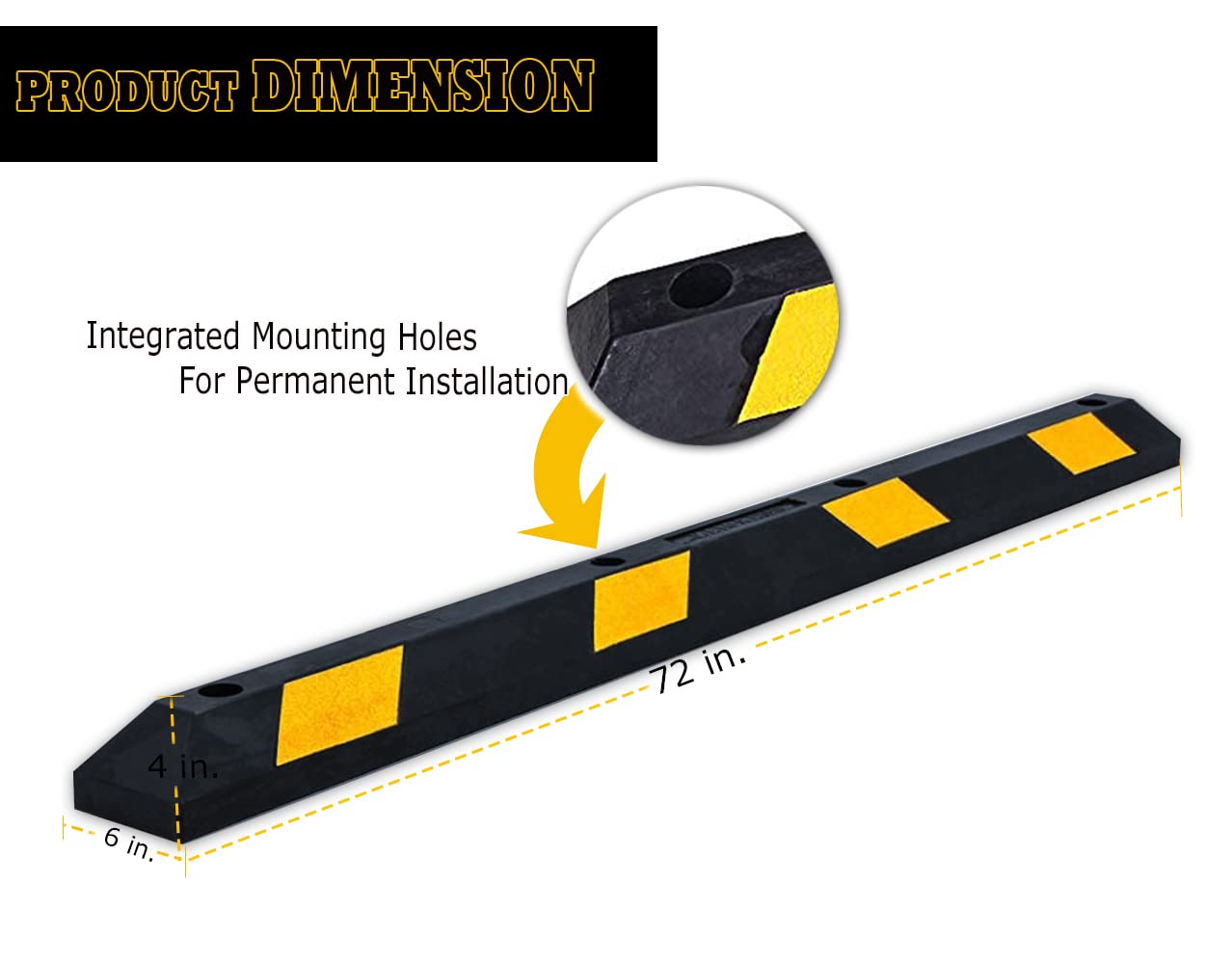 VayWay Premium Quality Long Heavy Duty Rubber Parking Curb- 72” Stopper with Yellow Reflective Tape Car Garage Wheel Stopper Curb- Professional Grade Parking Stopper for Driveway, Car, Truck, Trailer