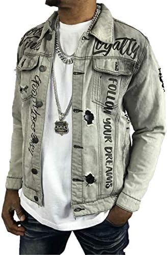 black denim jacket with writing