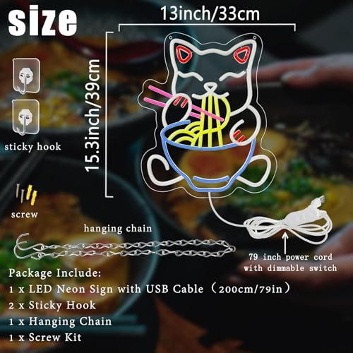 Image of Fortune Cat Ramen Neon Sign, 15.3 inchx13 inchJapanese Lucky Cat Noodle LED Light Signs for Ramen Restaurant, Dimmable Anime Ramen Cat Neon Lights up Living Room, Wall Decor, Home Bar, Kitchen Restaurant Dining