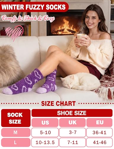 Image of Womens Fuzzy Socks Warm Fluffy Cozy Winter Slipper Thick Fleece Heart Socks 5 Pairs