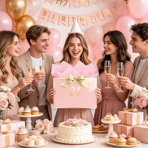 Image of JMANNI Birthday Gift Bag with Card and Tissue Paper for Men Women Him, Elegant Pink Gold Anniversary Keepsake Party Present Shopping Paper Bags for Gifts Wrapping Pink / 13 inch Large /EST.2005 21st