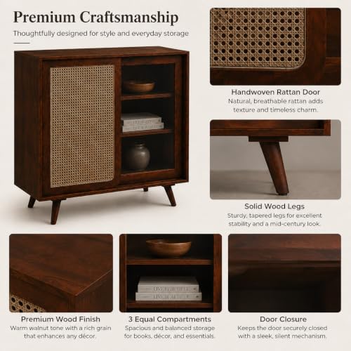 Image of The Attic INES Cabinet, Coffee Table for Living Room, Solid Wood Centre Table with Cane with Sliding Doors, Honey Matt Finish