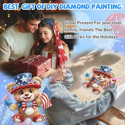Bowetile Independence Day Bear 5D Diamond Art Hanging Kits for Adults, 4th of July Diamond Painting USA Window Pendant Kits, Special Shape Gem Art Suncatcher Ornament for Home Garden Wall Decor by Bowetile - Image 4