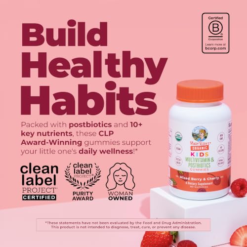 Image of MARYRUTH'S Kids Vitamins USDA Organic | Multivitamin Gummies + Postbiotics for Ages 4+ | Multivitamin for Kids with Lactobacillus Rhamnosus | Children's Vitamins | Vegan | Non-GMO | 60 Count