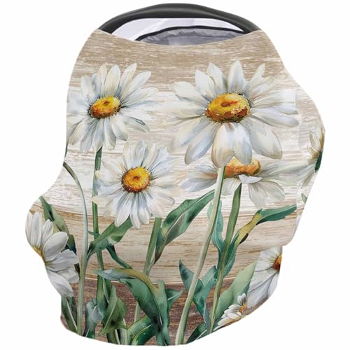 Nursing Cover for Breastfeeding Scarf, Retro Flower Leaves Plants Daisy Baby Car Covers Super Soft Multi Use for Canopy Shopping Cart Cover Blanket Stroller Cover