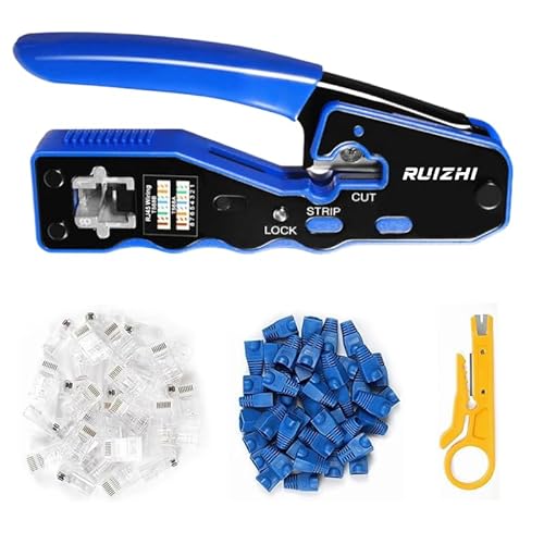 Rj45 Crimp Tool Kit, Ethernet Crimping Tool Kit with rj45 Crimping, 50pcs Covers, 50pcs Connectors and Mini Stripper for 8P Cat5 Cat6 Pass Through Connectors Network Crimp Too l
