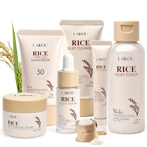 6 Piezas Rice Skincare Kit Mujer con Limpiador, Tónico, Sérum, Contorno de Ojos, Crema Hidratante, Protector solar, Arroz Set de Skincare Facial para Todo Tipo de Piel
