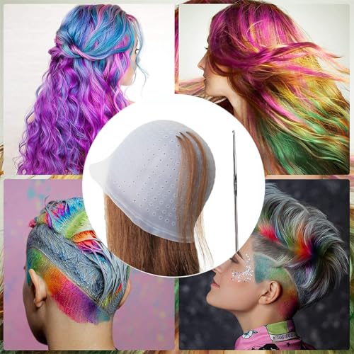 Foto von SträHnchenhaube Wiederverwendbar,Highlight Haar Kappe,Haarfärbemittel Pinsel Flasche,Haarfärbepinsel Haare,Salon Friseurkappe mit Haken Nadel,Strähnchenhaube Silikon,Wurzelkamm Applikatorflasche,4pcs