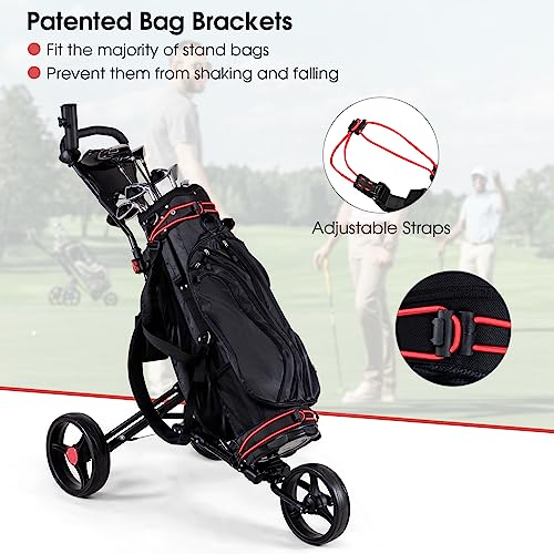 Tangkula Lightweight Aluminum Collapsible 3 Wheels Golf Push Cart with Elastic Strap, Umbrella & Cup Holder, Scoreboard Storage & Foot Brake - Image 5