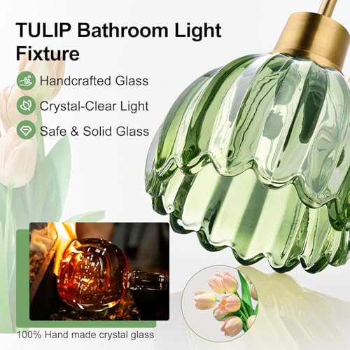 Image of 4-Light Bathroom Light Fixtures, 27 inch Brushed Gold Vanity Lights for Bathroom with Ribbed Green Tulip Glass Shade, Vintage Bathroom Vanity Lighting Fixtures Over Mirror for Bedroom Living Room Hallway