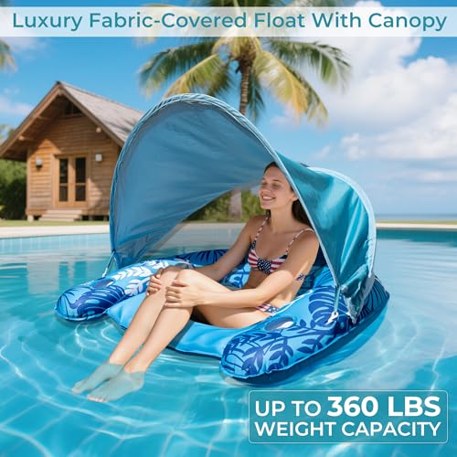 Inflatable Fabric Covered Pool Float Adult with UPF50+ Sunshade Canopy & Cup Holders,Large Water Lounger Float Recliner Chair for Pool Party Lake Beach, Light Blue by POOLACC - Used condition - Image 6