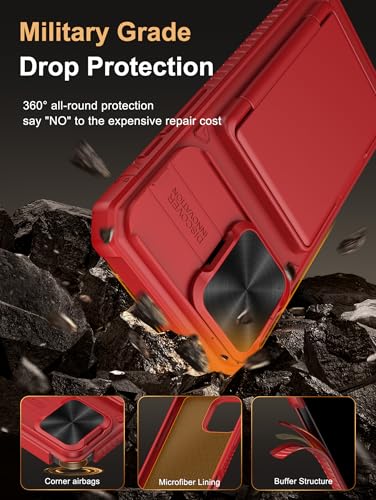 Image of Vihibii for iPhone 16 Pro Max Wallet Case with Card Holder (4 Cards) [RFID Blocking] & Slide Lens Cover & Raised Edges Protect Screen, Shockproof Rugged Phone Cover for iPhone 16 Pro Max, Red