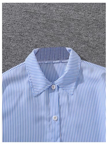 Image of MakeMeChic Girl's 2 Piece Outfit Striped Long Sleeve Button Down Shirts and Elastic Waist Pants Set Light Blue 9Y