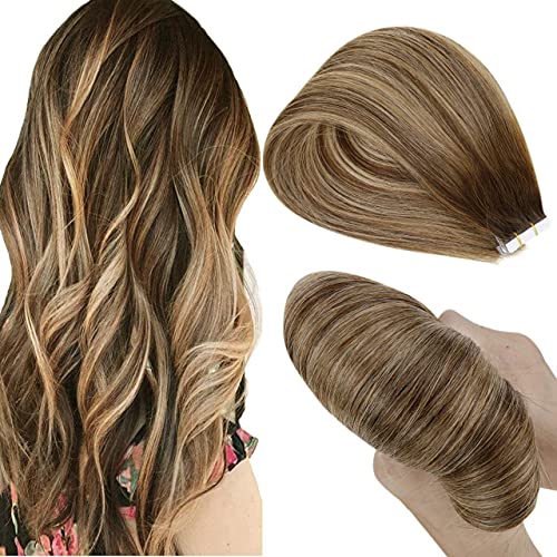 Hetto Balayage Tape in Hair Extensions Real Human Hair Tape in Extensions #4 Dark Brown Fading to #27 Honey Blonde and #4 Dark Brown 14 Inch 50g 20pcs Invisible Hair Extensions Tape in