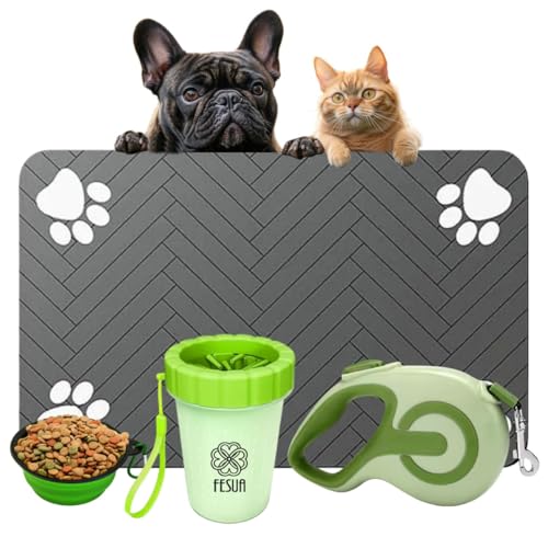 Pet Travel Essentials Kit – Non-Slip Paw Print Feeding Mat + Portable Paw Cleaner + Collapsible Bowl + Retractable Leash – for Dogs & Cats – Ideal for Home, Walks & Travel