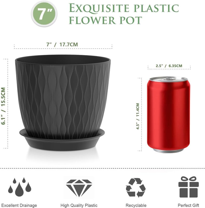 Image of StyleX Store Plastic Round Flower Pots with Drainage Hole Saucers | Durable Outdoor Indoor Wave Pattern Planters with Tray | Plant Containers for Garden, Office, Balcony and Home (Set of 5, Black)