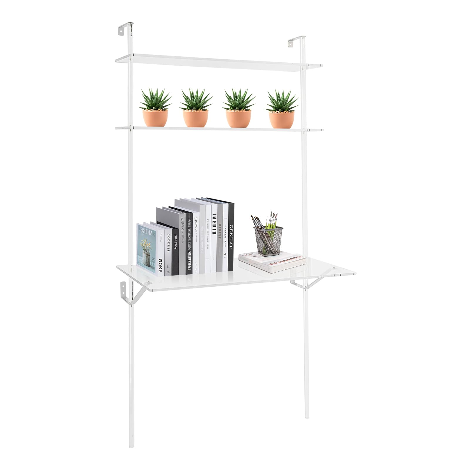 awolsrgiop Ladder Desk with Shelves, Acrylic Wall Mounted Desk Clear Ladder Desk Floating Desks for Laptop Computer Wall Desk Bookcase Table for Study