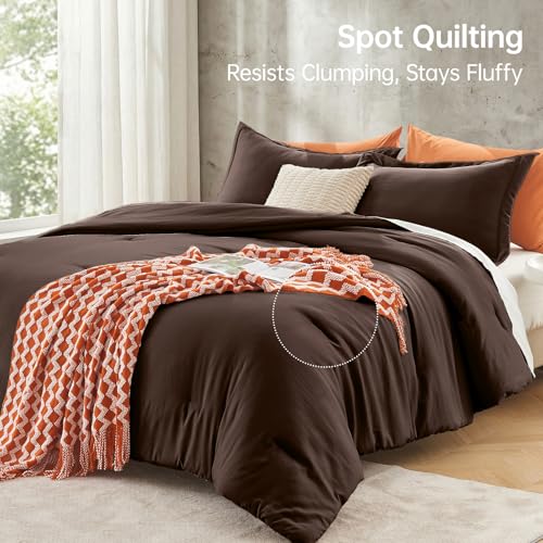 Image of MUXHOMO Oversized Queen Comforter Set, Lightweight Down Alternative Bed Set | All Season 3 Piece Bedding Set,Ultra Soft Down Alternative,Includes 1 Comforter 98x98 and 2 Pillow Shams 20x26,Dark Brown
